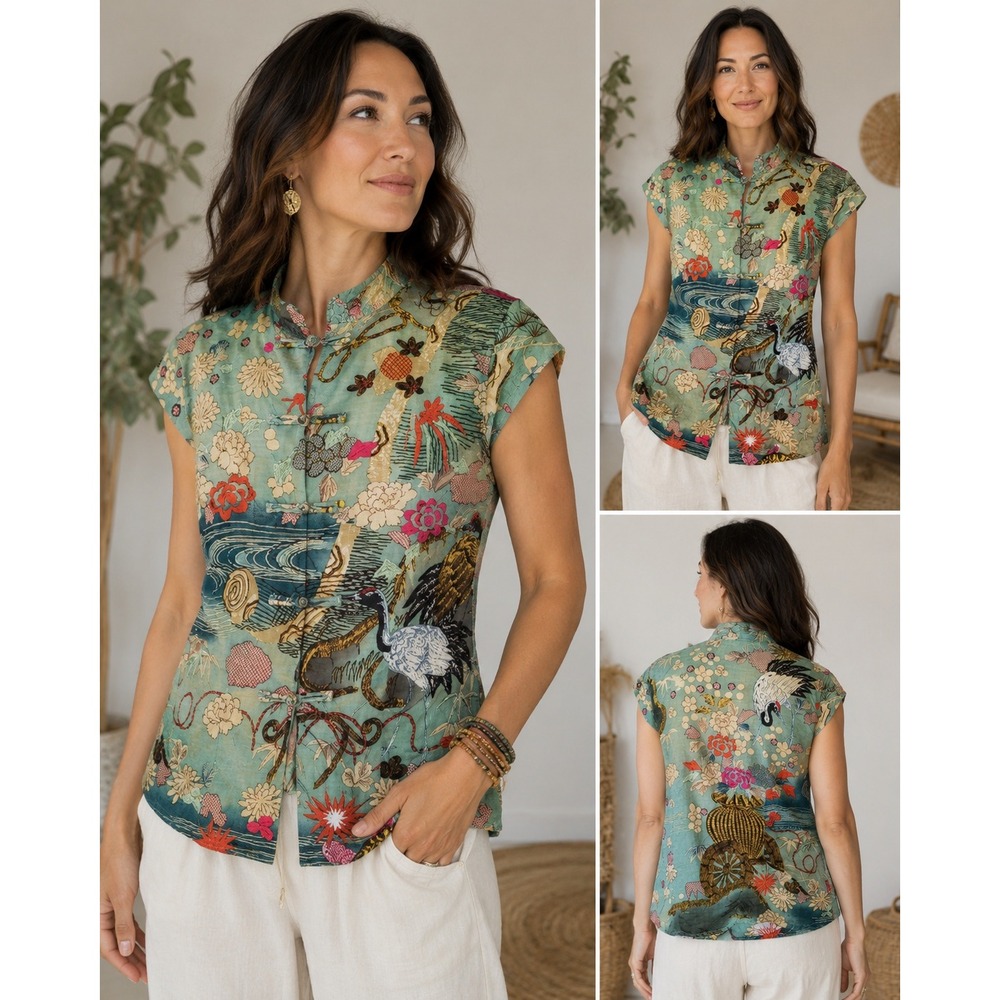 Citron Santa Monica Crane Floral Embroidered Mandarin Collar Top Teal XS